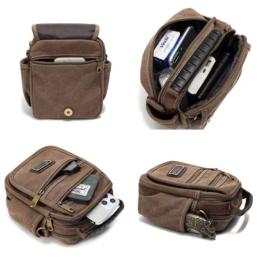 Men's Small Canvas Crossbody Phone Purse Bag - Mini Messenger Waist Belt Side Bag for Travel, Hiking & Daily Essentials (Black)