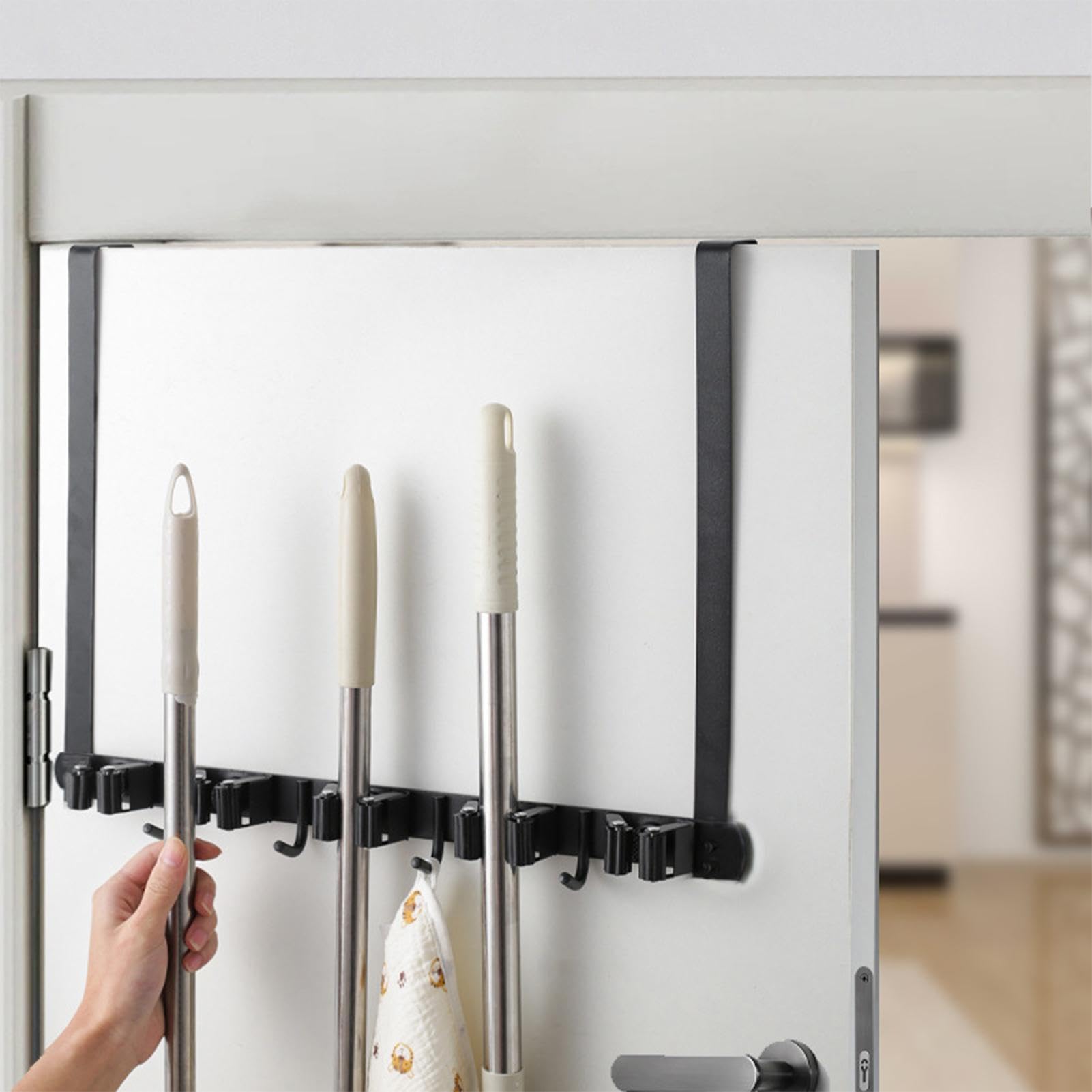 Metal Door Mount Broom Holder - Space Saving Wall Mounted Brush Organizer for Kitchen, Bathroom, Home & Office | No Drill Installation for Easy Storage of Brooms, Mops & Cleaning Tools