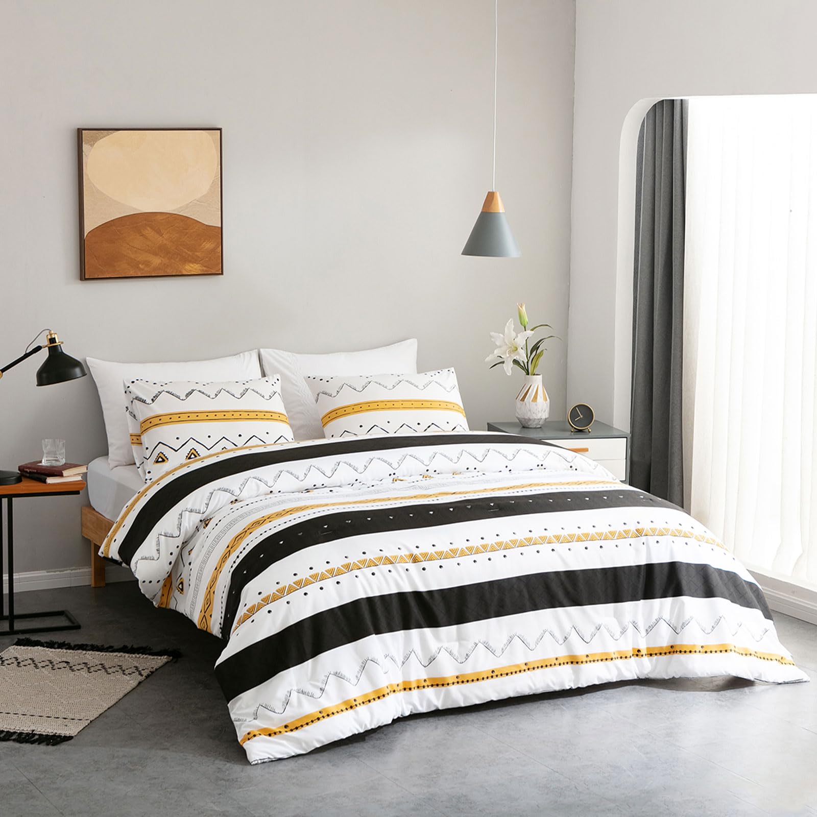 EAVD Modern Geometric Comforter Set Twin XL - Soft Microfiber Black & Yellow Reversible Bedding - All-Season Lightweight Comforter with 2 Pillowcases - Perfect for Kids, Teens & Guest Rooms - Geometric Pattern Home Decor for Modern Bedrooms