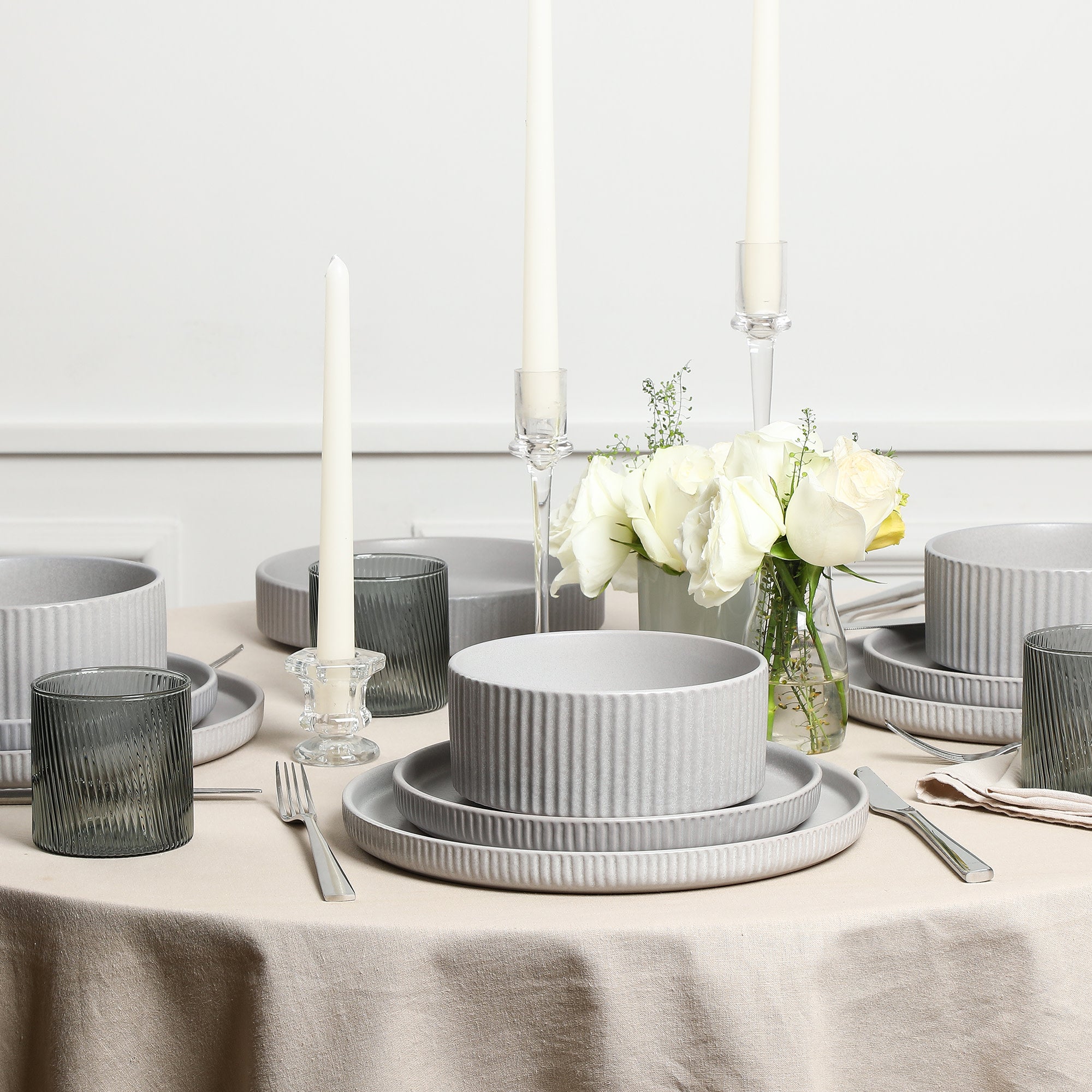 Premium Borosilicate Glass & Stoneware Dinnerware Set - Durable & Elegant Grey Tableware for Everyday Dining & Entertaining