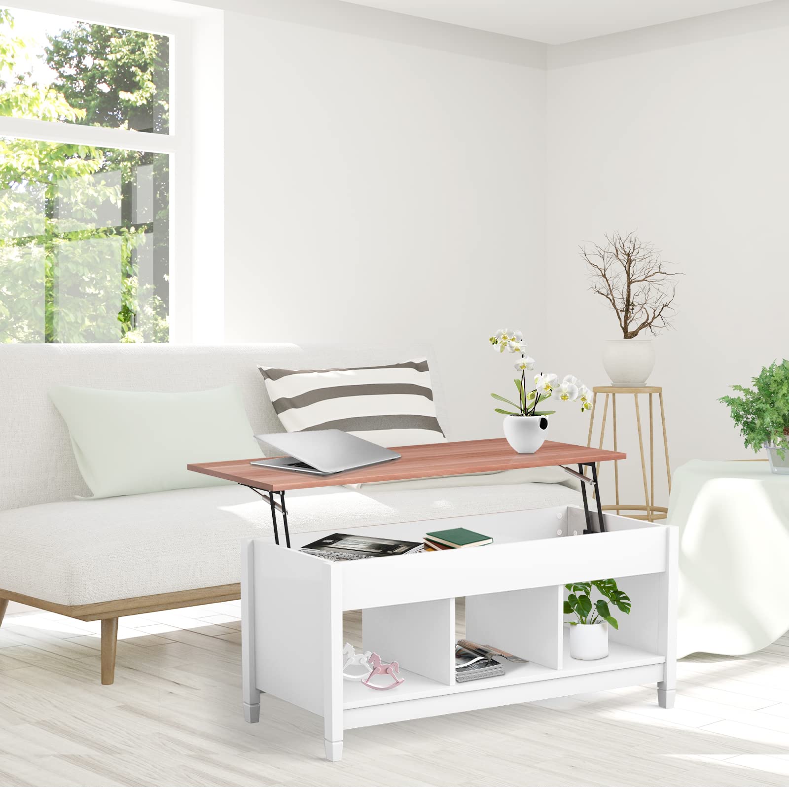 COSTWAY Lift Top Coffee Table with Hidden Storage & 3 Open Shelves - Solid Wood Legs Rectangular Cocktail Table for Living Room, Reception - Perfect for Entertaining Guests & Storing Magazines (White)