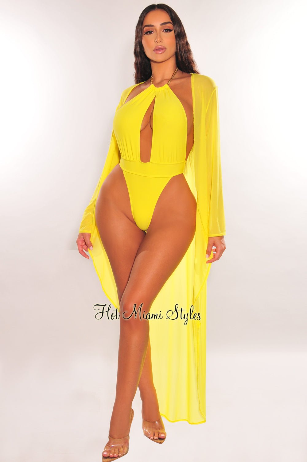 Yellow Mesh Long Sleeve High-Low Cut Cover Up Beach Dress - Lightweight Swimwear Cover for Women, Perfect for Poolside, Beach Vacation and Summer Outings