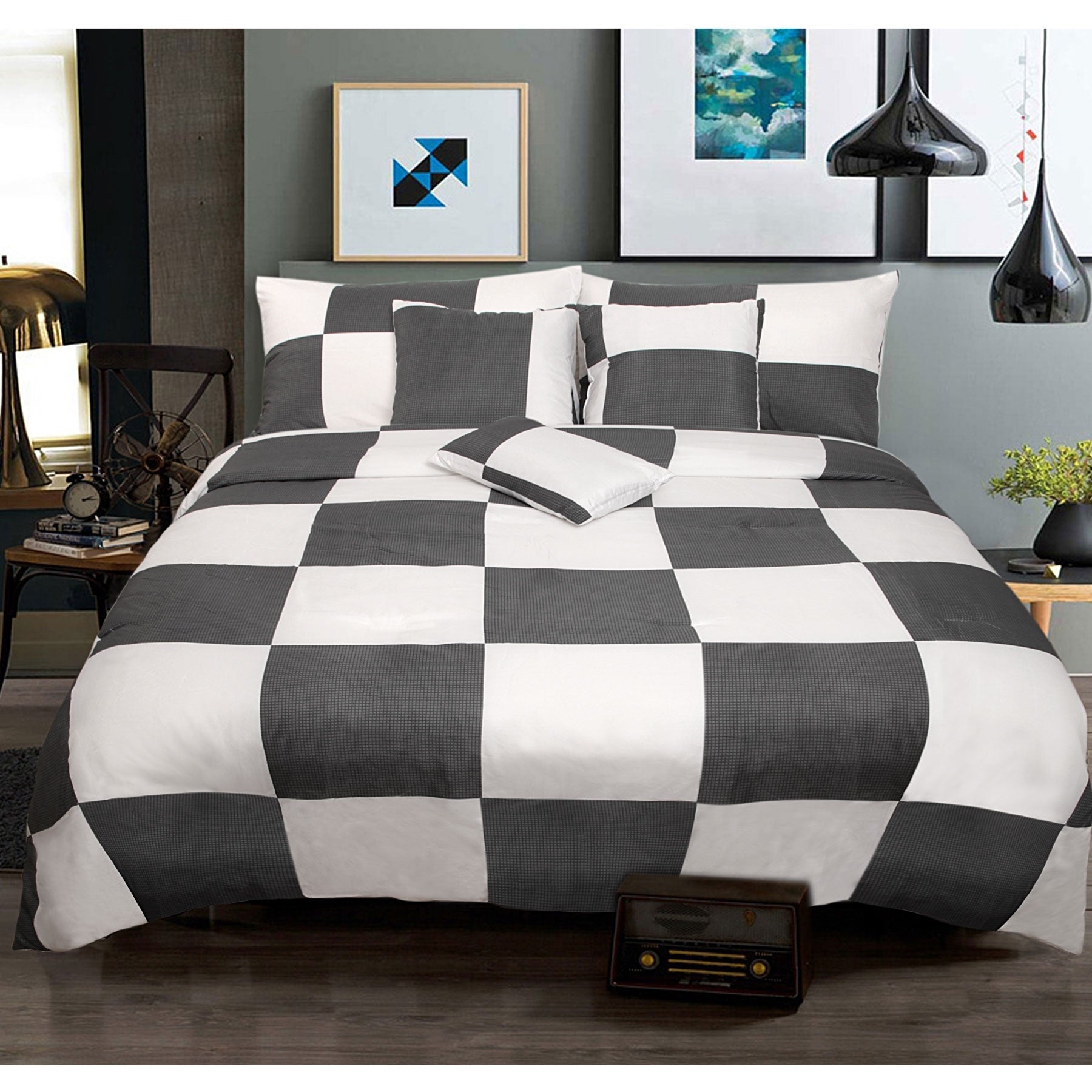 Shangri-La 6-Piece Queen Comforter Set in Check Charcoal - Soft & Cozy Bedding for Master Bedroom, Guest Room, or Dorm