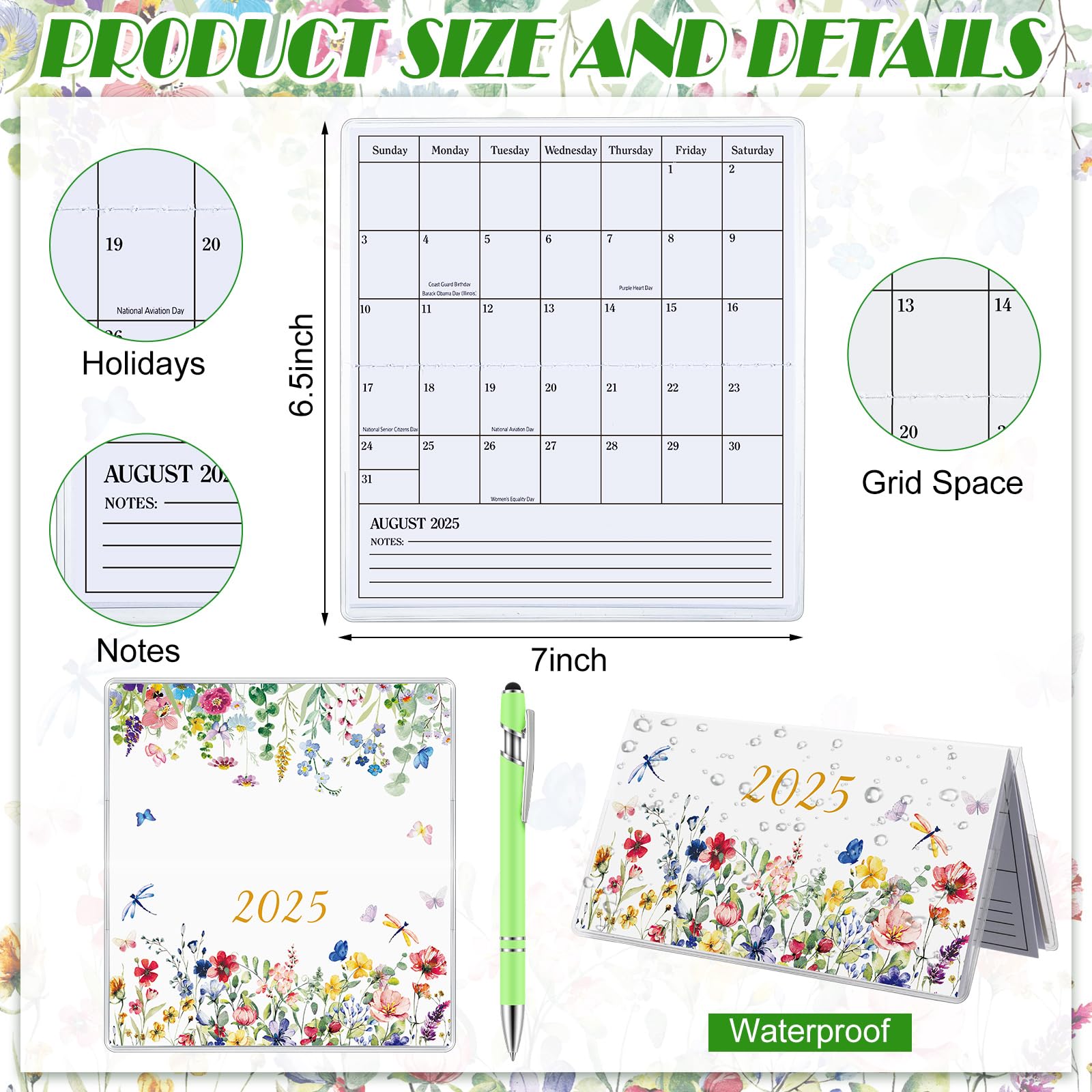 Gueevin 2025 Small Pocket Planner - Weekly & Monthly Calendar with Pen for Purse, Light Green Wildflower Design - Perfect Gift for Women, Sister, Friend - Ideal for Journaling, Note-Taking & Daily Planning (Christmas & New Year Gift Idea)