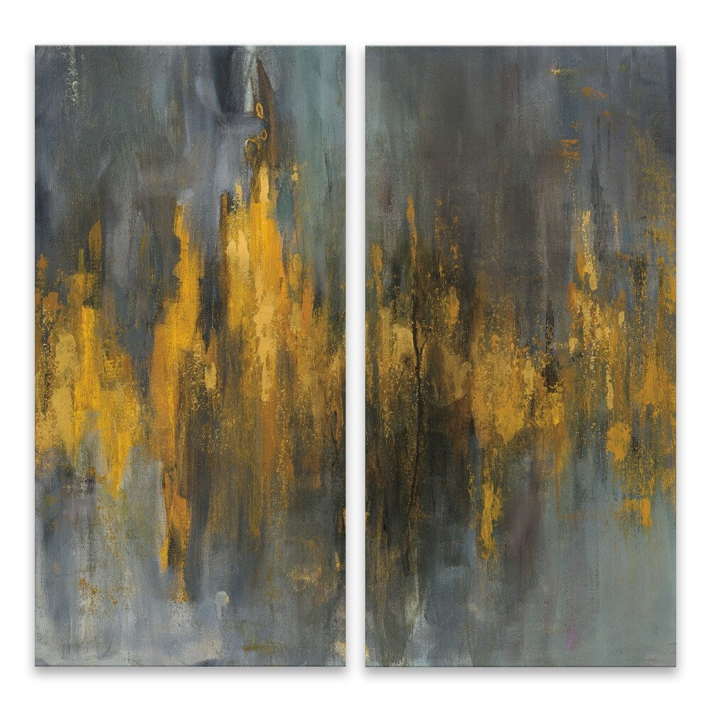 Black and Gold Abstract Diptych Acrylic Wall Art Set of 2 - 15x30 Inches Modern Canvas Painting for Living Room & Bedroom Decor