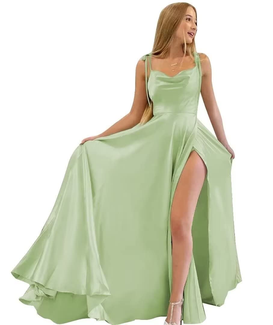 Elegant Satin Bridesmaid Dresses with Spaghetti Straps - Long Split Prom Gowns with Pockets, Formal Maxi Dresses for Women | Perfect for Weddings, Parties & Special Occasions