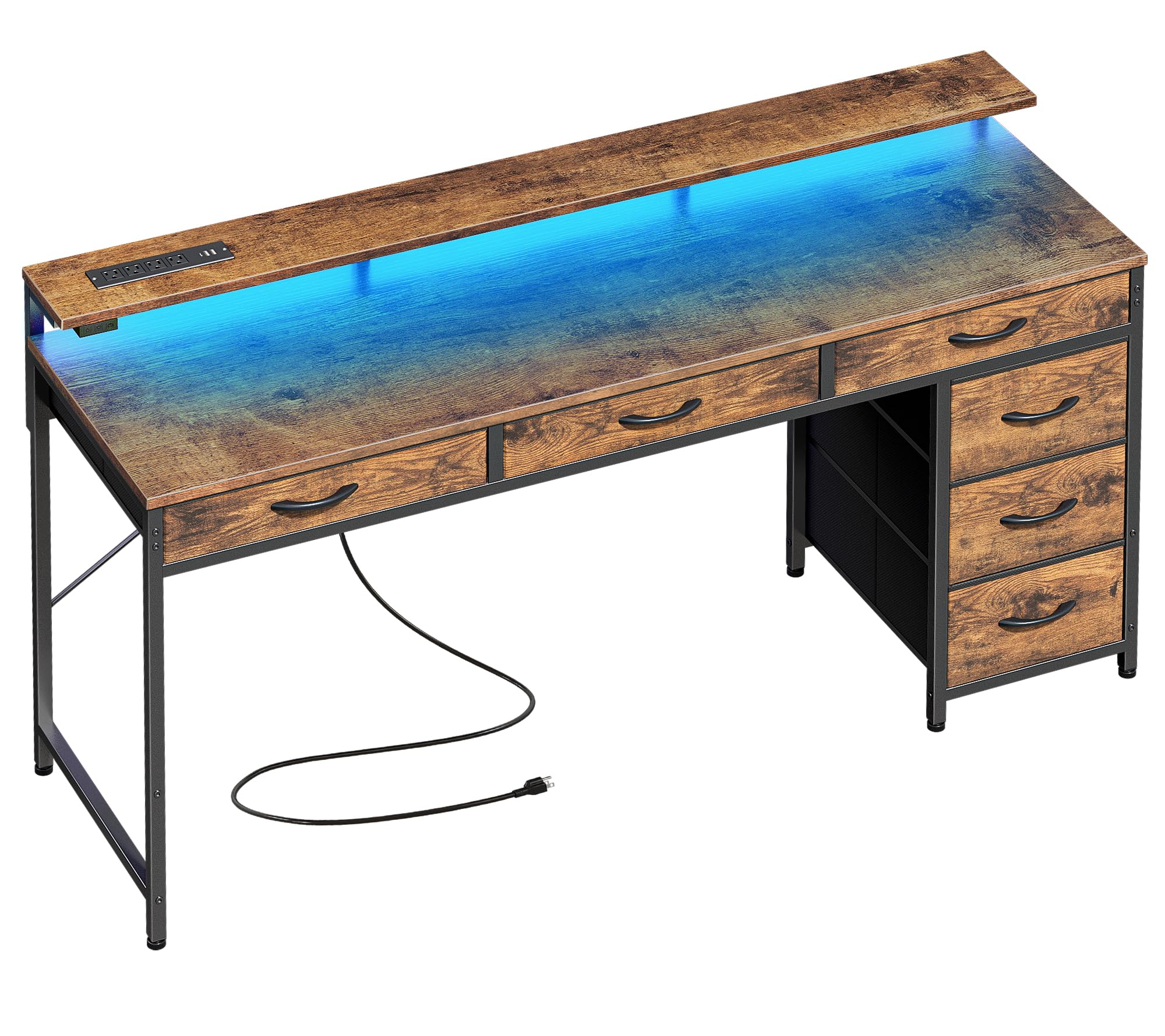 Huuger 55 Inch Gaming Desk with 6 Drawers & LED Lights - Computer Desk with Power Outlets, USB Type-C & Monitor Stand - Rustic Brown Home Office Desk for Work, Study & Gaming - Perfect for Small Spaces & Streaming Setups