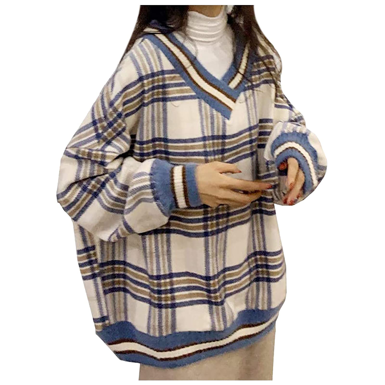 Women's Summer V-Neck Plaid Pullover Sweater Shirt - Loose Long Sleeve Casual Tops for Women | Perfect for Office Wear, Weekend Outings & Fall Layering