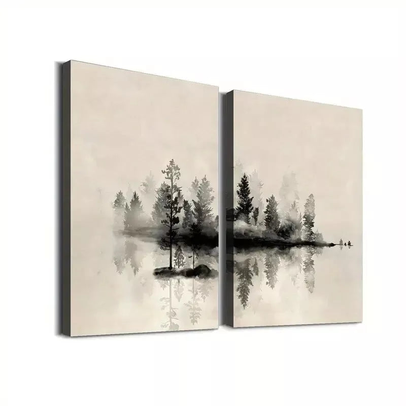 2-Piece Abstract Trees and Lake Framed Canvas Wall Art - 50x75cm High Quality Print, 100% Australian Made, Ready to Hang - Perfect for Living Room, Bedroom & Office Decor