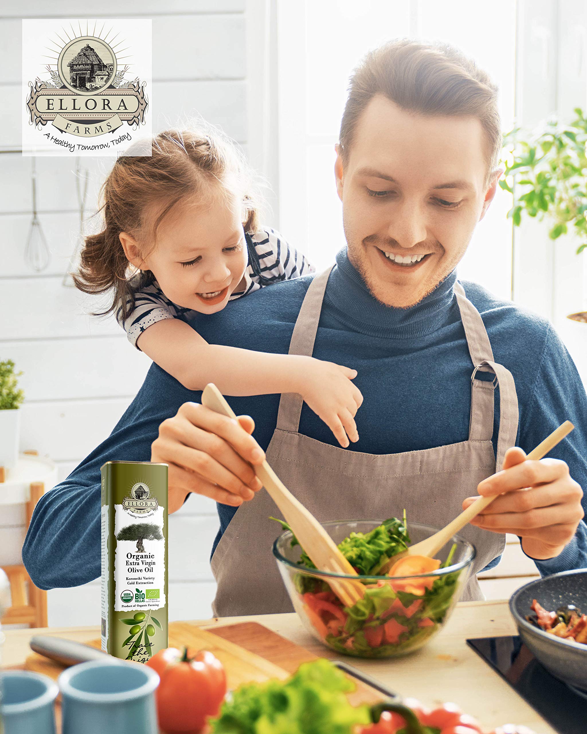 Ellora Farms USDA Organic Extra Virgin Olive Oil - 2024 Harvest, Gold Award Winner, Unfiltered & High Oleocanthal, Kosher Certified (17 oz Tin, Pack of 4) - Perfect for Salad Dressings, Cooking & Gourmet Recipes
