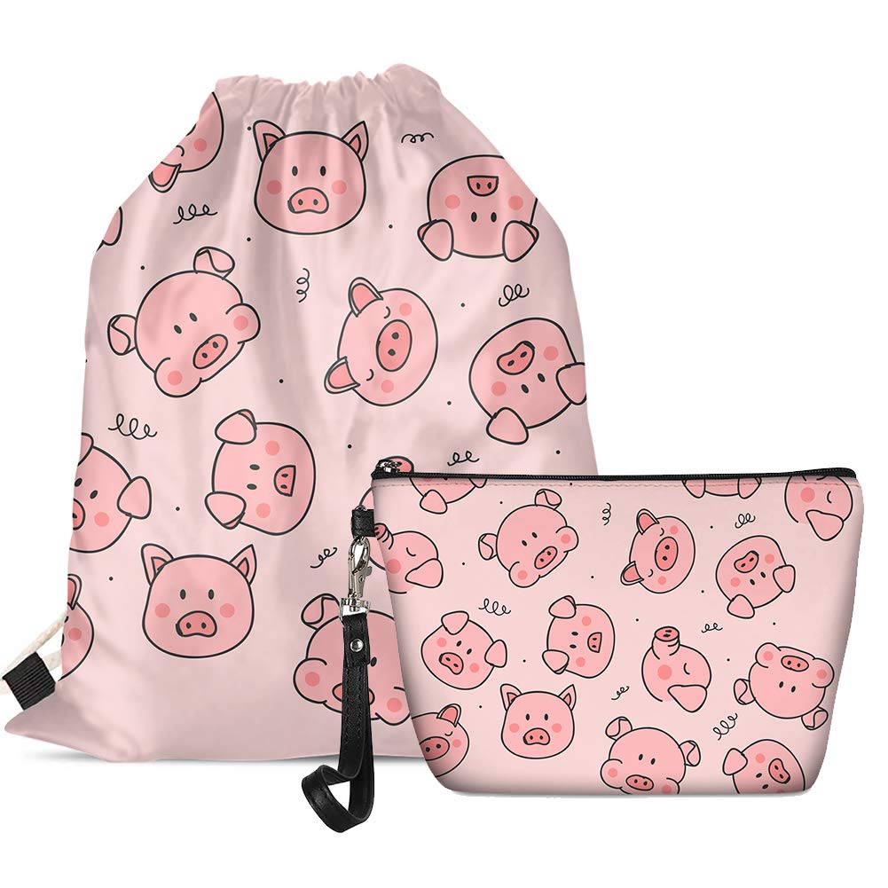 Cute Pink Pig Drawstring Backpack - 2 Pack Lightweight Gym Sack for Women, Girls & Teens - Waterproof Cosmetic Bag for School, Yoga, Shopping & Travel - Perfect as Makeup Pouch, Sports Bag or Kids Rucksack