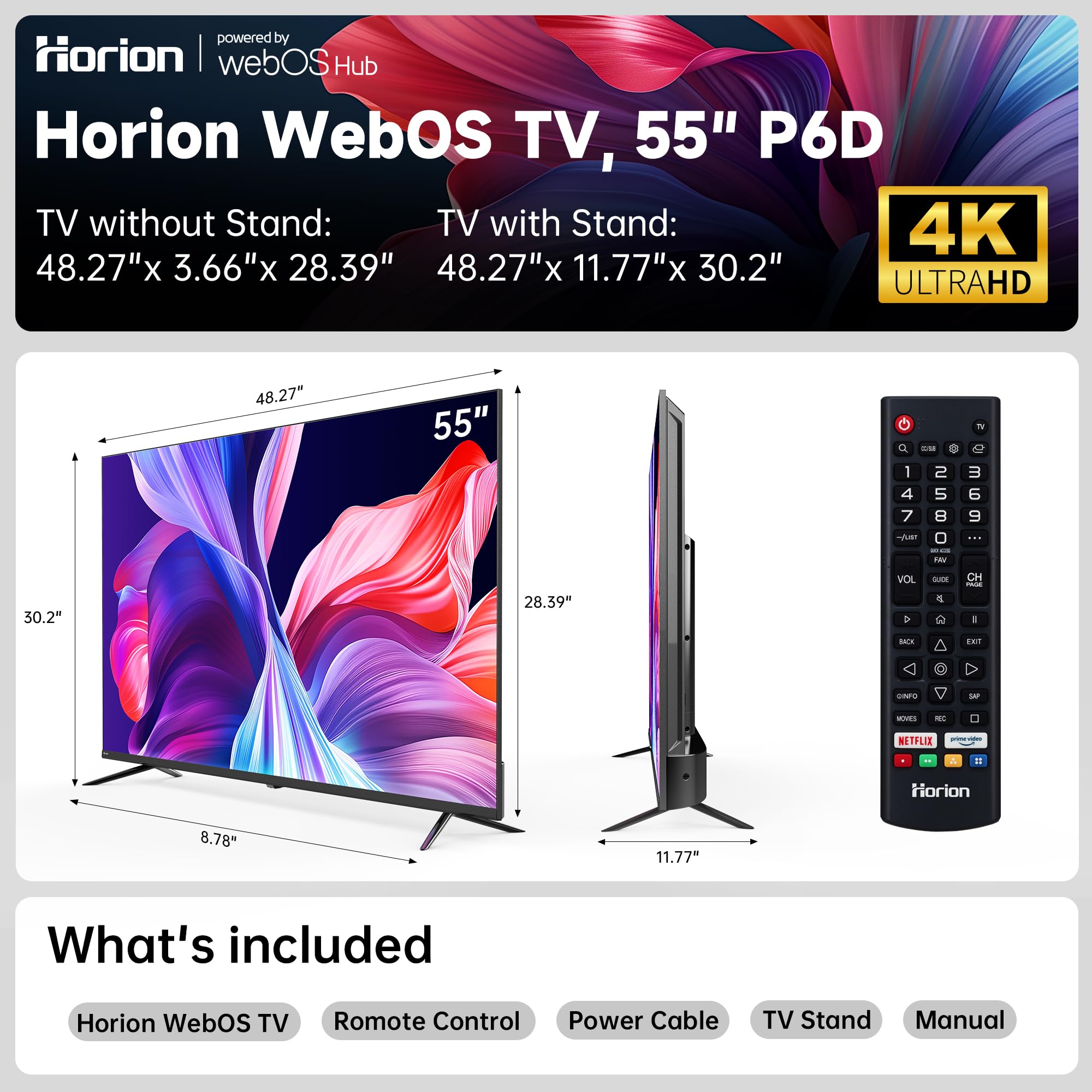 HORION 55-inch 4K UHD Smart LED TV (Model 55P6D, 2025) with WebOS 22 - Ultra Slim Design, Mega Contrast, HDR10, MEMC, Dolby Atmos - Perfect for Streaming, Gaming & Home Entertainment - Bluetooth, HDMI, WiFi Connectivity