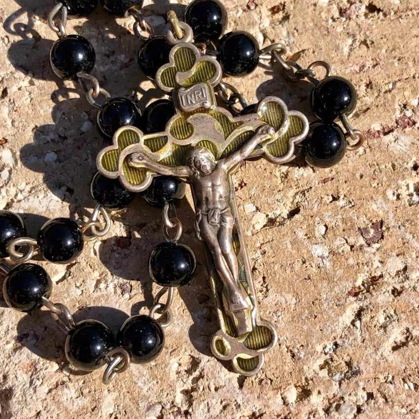 Vintage Sterling Silver Black Glass Bead Rosary Necklace - Catholic Prayer Beads for Religious Devotion & Spiritual Gifts