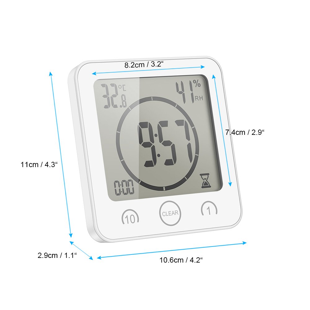 AOZBZ Waterproof Digital Shower Clock with Alarm - Touch Screen Kitchen Timer with Temperature & Humidity Display - Suction Cup & Hanging Hole - Ideal for Bathroom, Kitchen, Gym, Pool (White)
