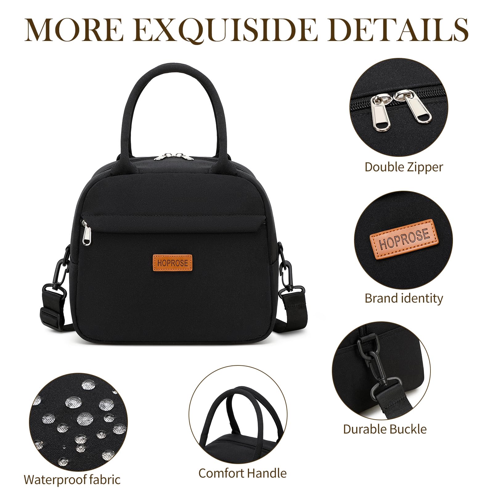 HOPROSE Insulated Leakproof Lunch Box for Women & Men - Large Capacity Reusable Cooler Lunch Bag for Work, Office, Picnic, Camping & Outdoor Activities (Black) #1801 | Perfect for Meal Prep, School Lunch & Travel