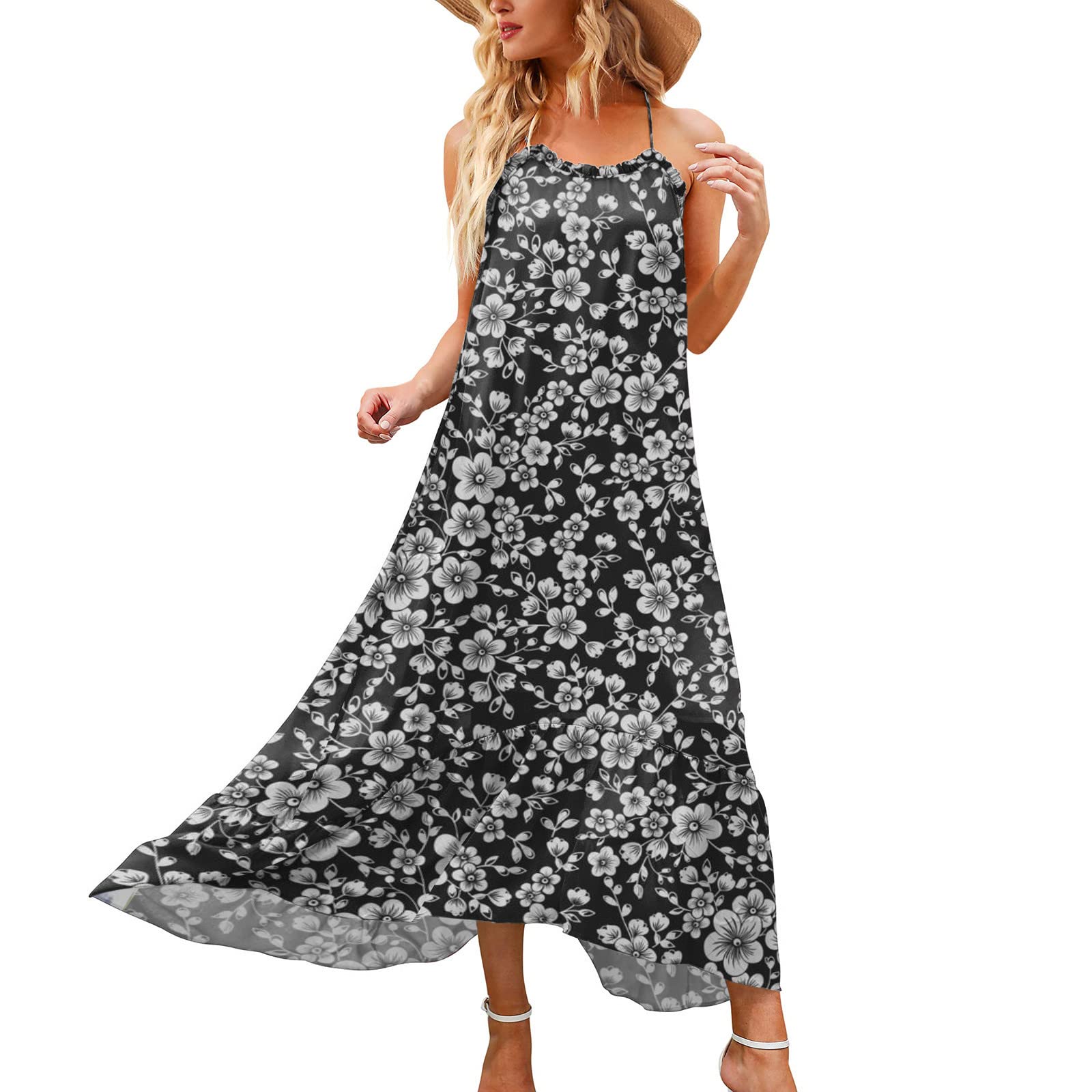 Women's Floral Spaghetti Strap Cami Maxi Dress - Summer High Low Hem Flounce Dress for Beach, Vacation & Date Night | Lightweight & Flowy