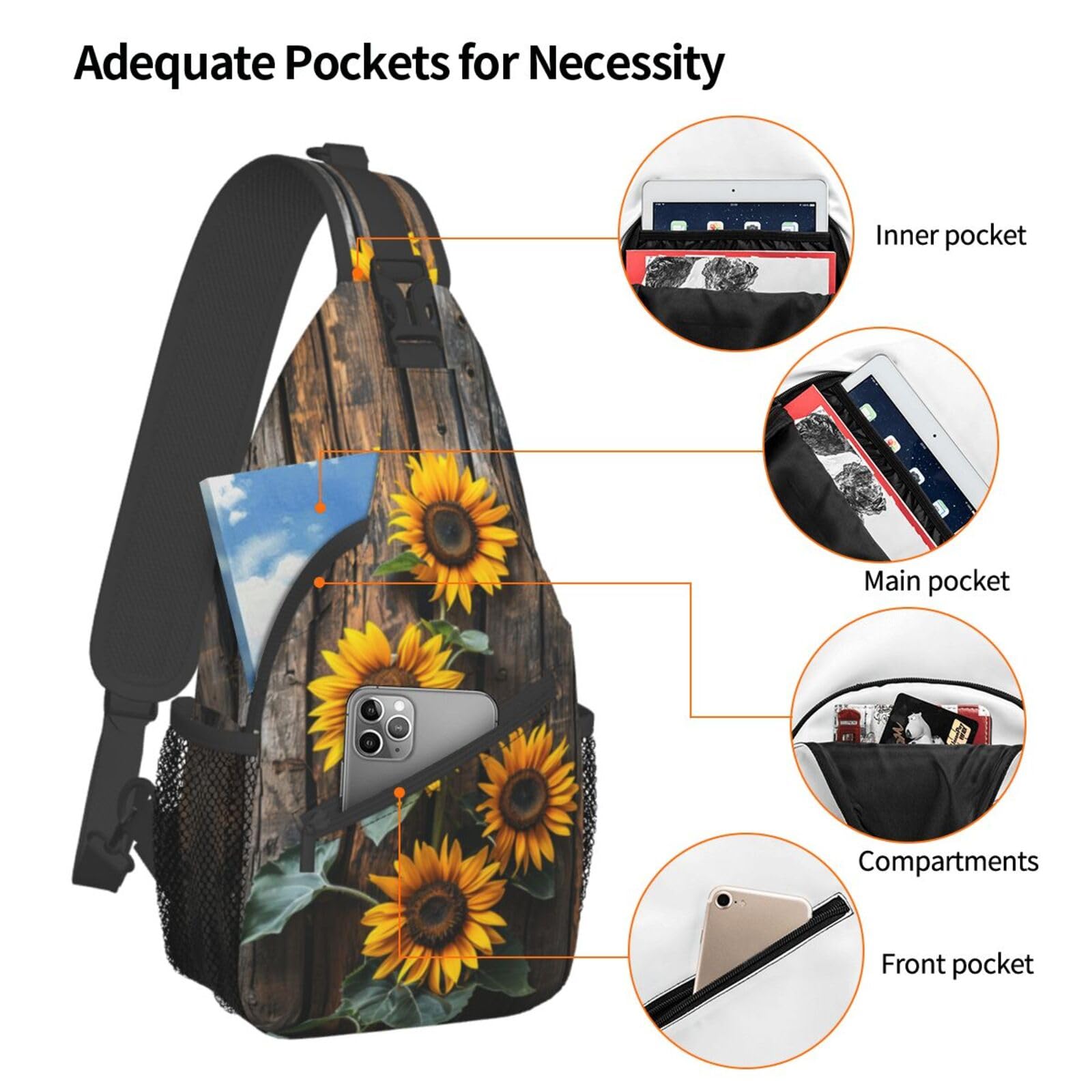 Sunflower Wooden Board Sling Backpack - Lightweight Waterproof Hiking Bag for Outdoor Sports