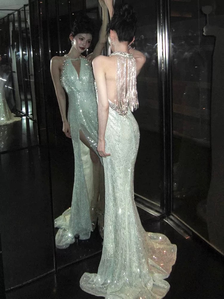 Elegant Halter Sequin Long Prom Dress Mermaid Formal Evening Gown J5090 for Homecoming, Wedding, and Special Occasions