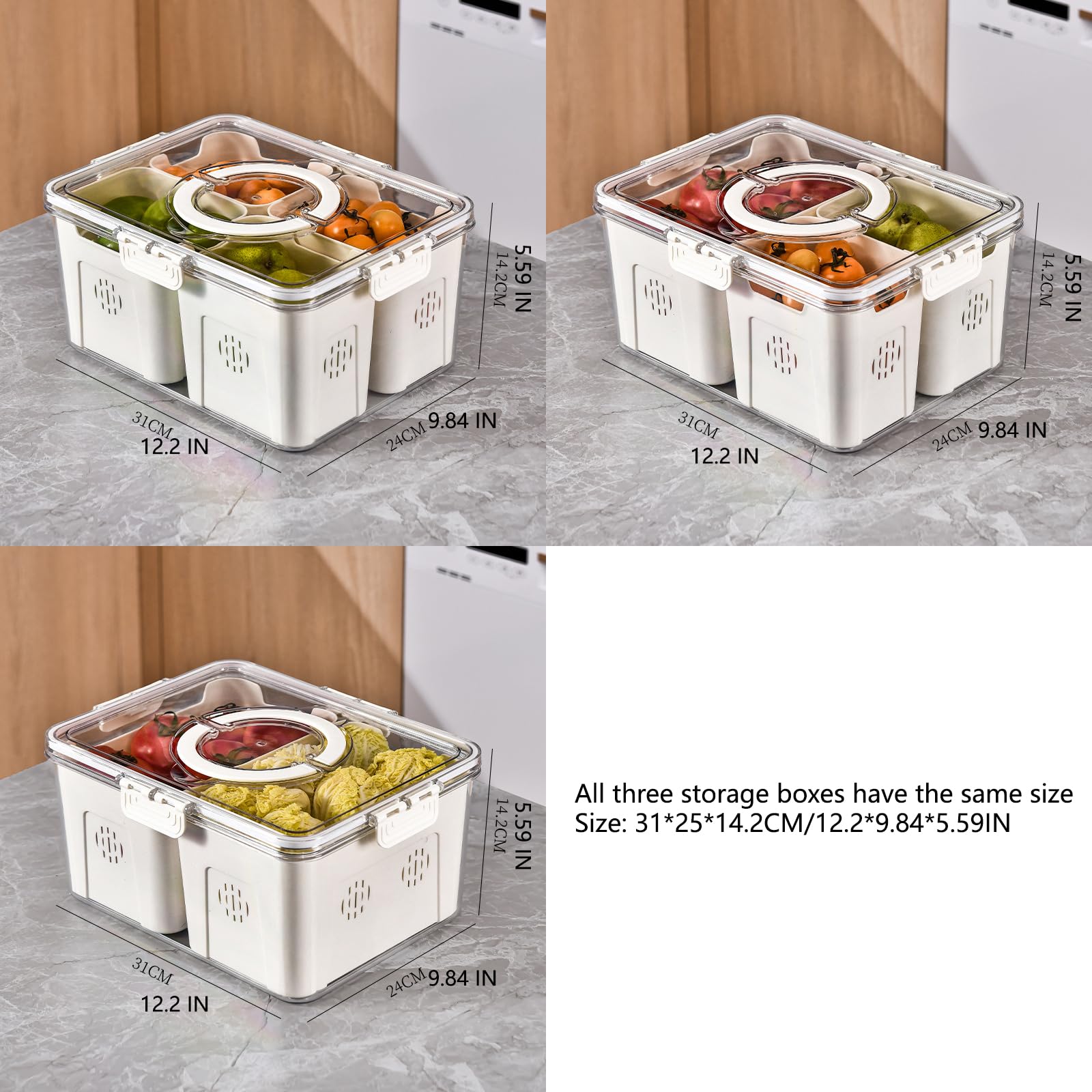 2-Pack Clear Stackable Refrigerator Organizer Containers with Lids - 2 Compartment Fridge Storage Bins for Fruits, Vegetables & Meal Prep - Space Saving Kitchen Organization Solution