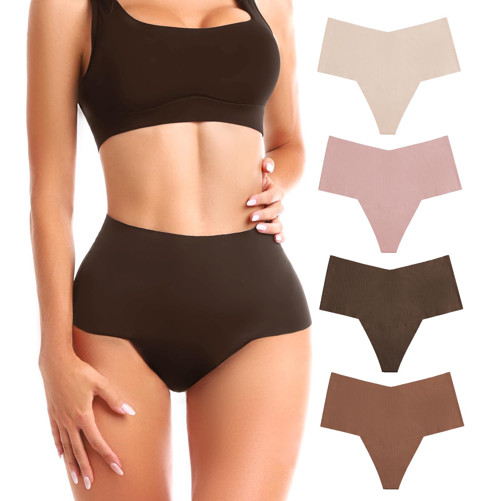 SINOPHANT Seamless Thongs for Women - High Waisted No Show Panties 4 Pack | Comfortable Invisible Underwear for Everyday Wear, Yoga & Workout