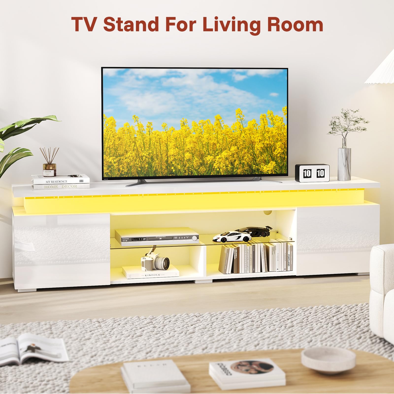 Modern White TV Stand with Light for 75-85 Inch TVs - Entertainment Center with Storage Cabinet & Open Glass Shelves - 2 AC Outlets - Perfect for Living Room & Bedroom - Stylish Media Console for Home Theater Setup & Family Entertainment