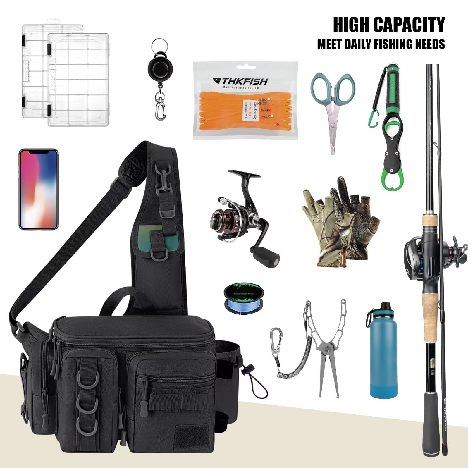 THKFISH Fishing Tackle Bag - Waterproof Fly Fishing Sling Pack with D-Rings & Adjustable Waist Strap - Portable Waist Pack for Fly Fishing, Bass Fishing & Outdoor Adventures (Black)