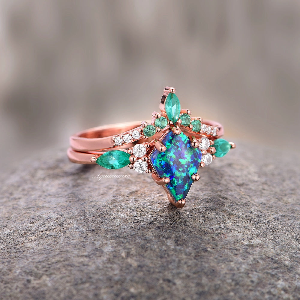 Skye Kite™ Peacock Opal & Emerald Engagement Ring Set - 14K Rose Gold Vermeil Wedding Band | Elegant Bridal Jewelry for Proposals, Anniversaries & Special Occasions