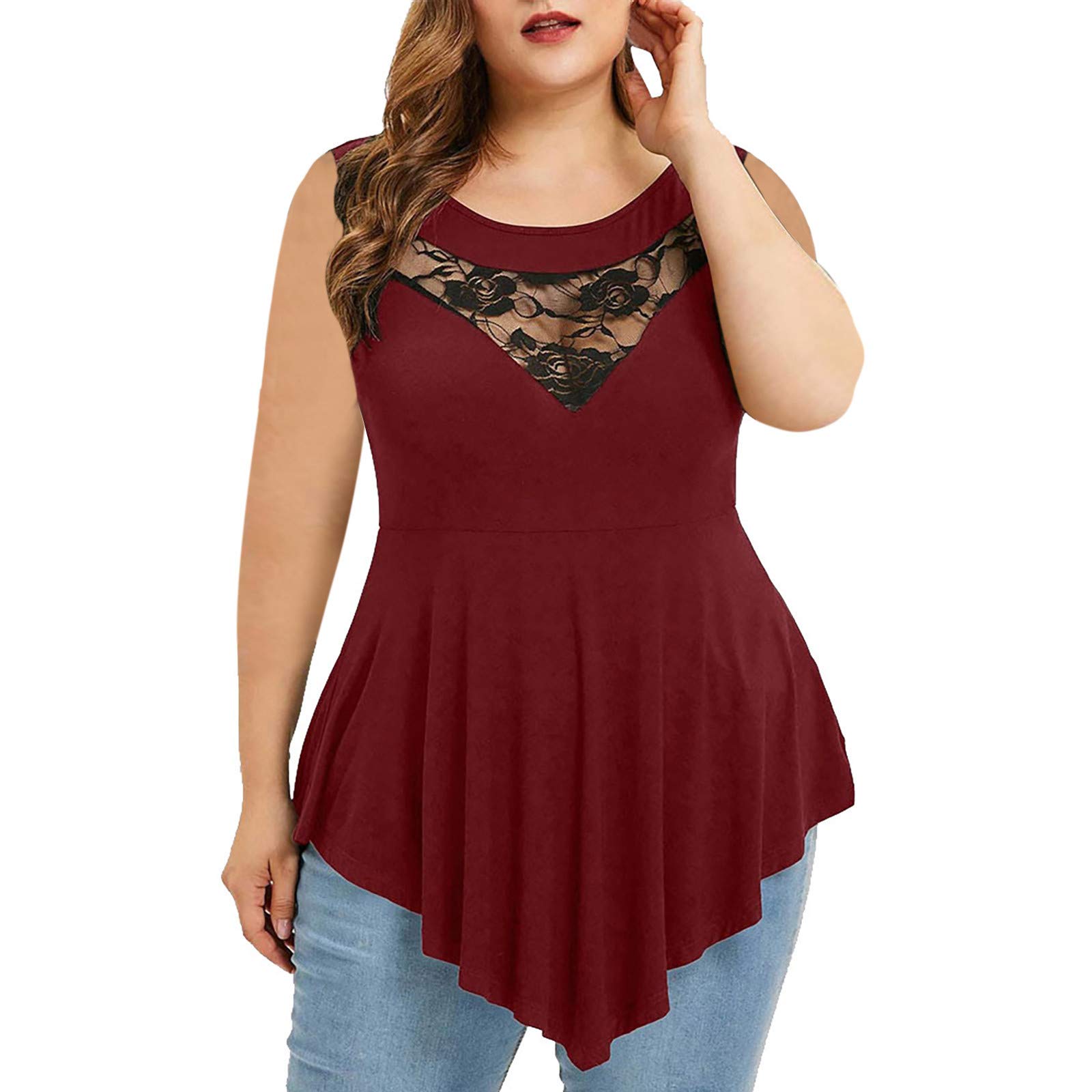 Floral Lace Plus Size Women's Sleeveless Blouse - Asymmetric O-Neck Tops for Casual Wear & Summer Outfits