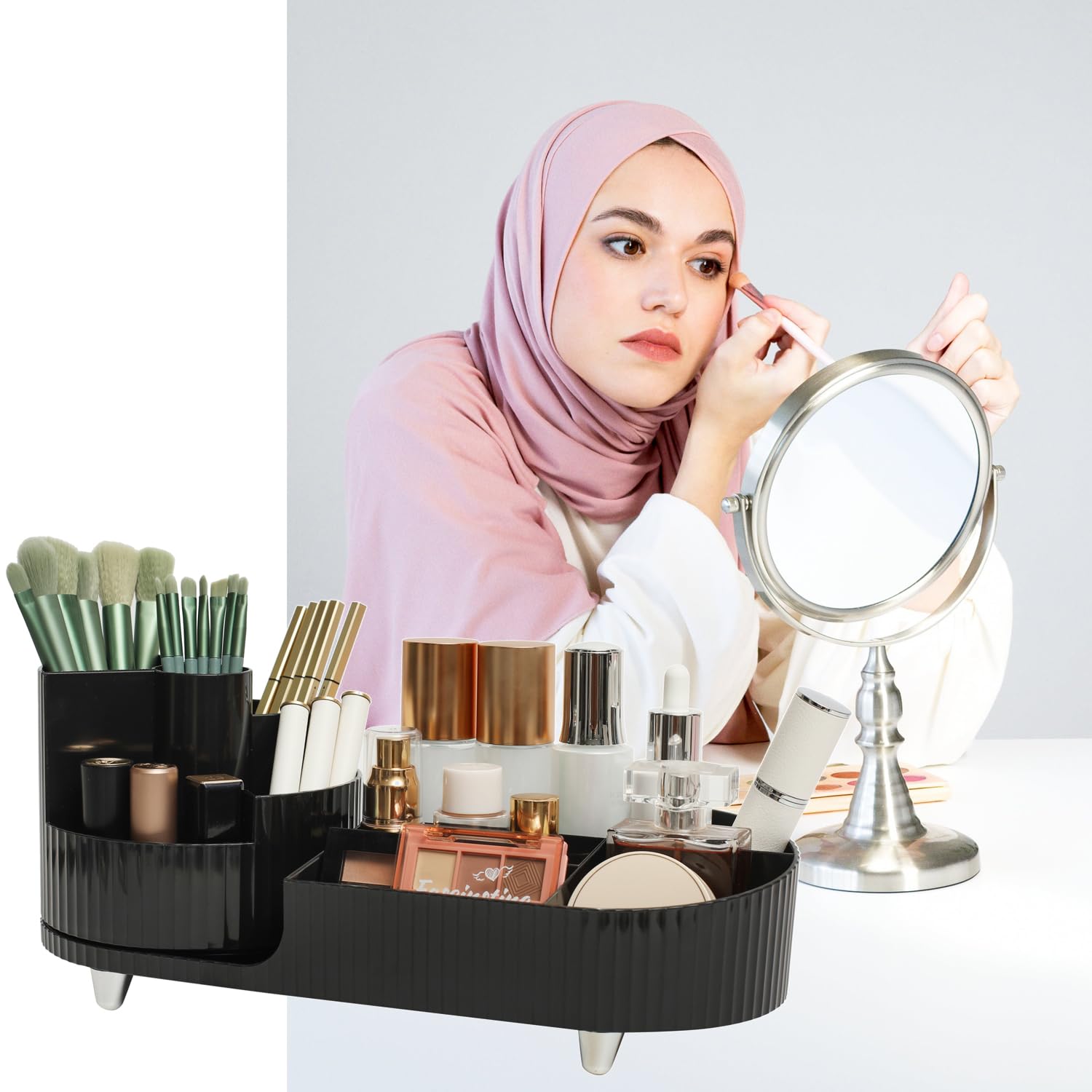 Rotating Makeup Organizer with Brush Holder - Large Capacity Cosmetic Display Case for Vanity Countertop | Perfect for Makeup Storage, Beauty Salon & Home Organization (Black)