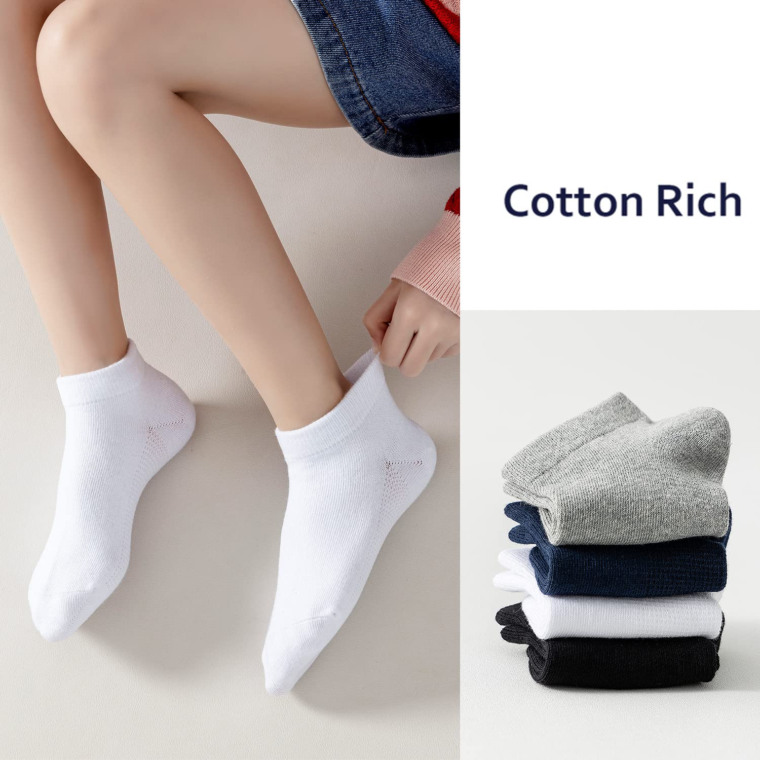 EPEIUS Kids Ankle Socks - 6 Pack Seamless No Show Low Cut Cotton Socks for Girls & Boys - Breathable Athletic Socks for School, Sports & Everyday Wear