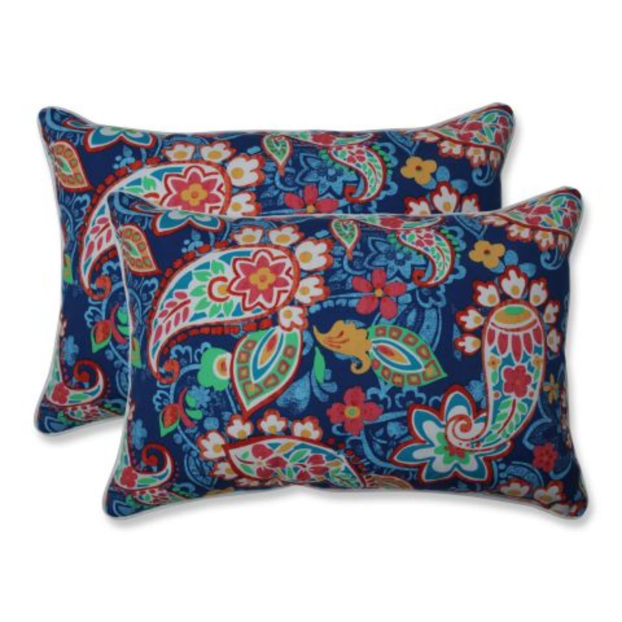 Premium Set of 2 Oversized Navy Blue & Red Paisley Outdoor Throw Pillows - 24.5