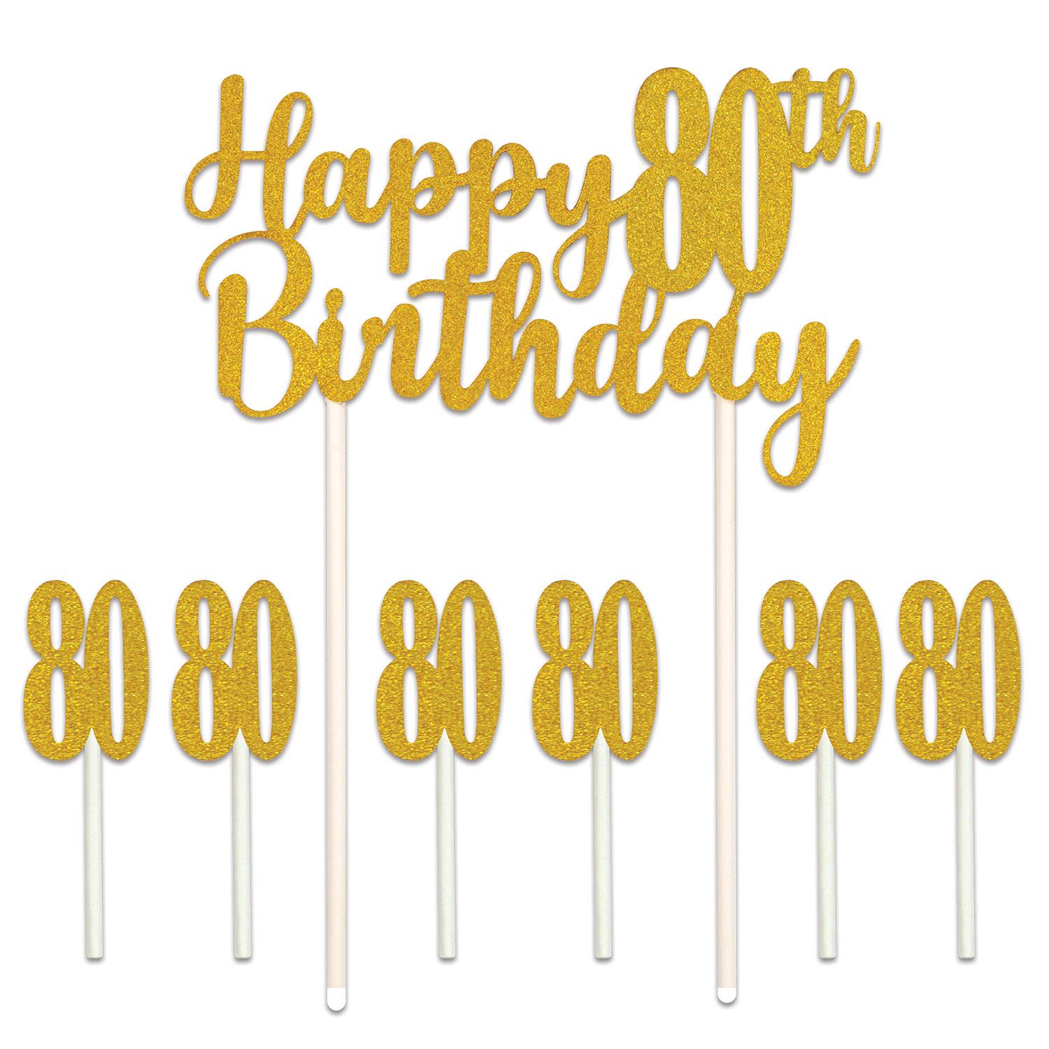 12 Pack Beistle Happy 80th Birthday Cake Toppers - Gold Foil Decorations for Milestone Birthday Parties, Retirement Celebrations & Anniversary Cakes
