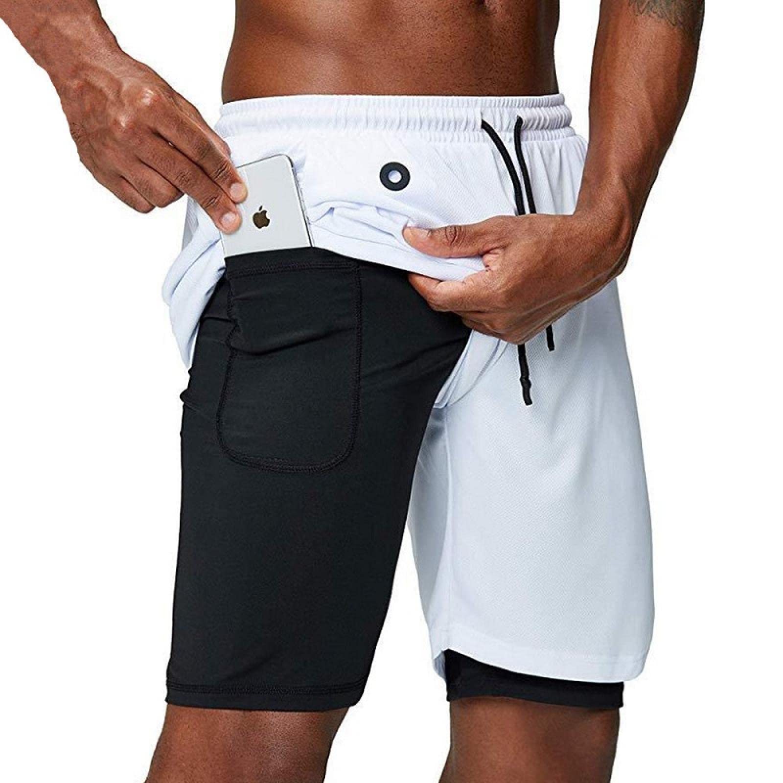 TANG XT2014 Men's Quick Dry Running Shorts - Breathable Gym Workout Shorts for Jogging, Training & Fitness | Double Layer Design in White | Perfect for Running, CrossFit & Outdoor Sports