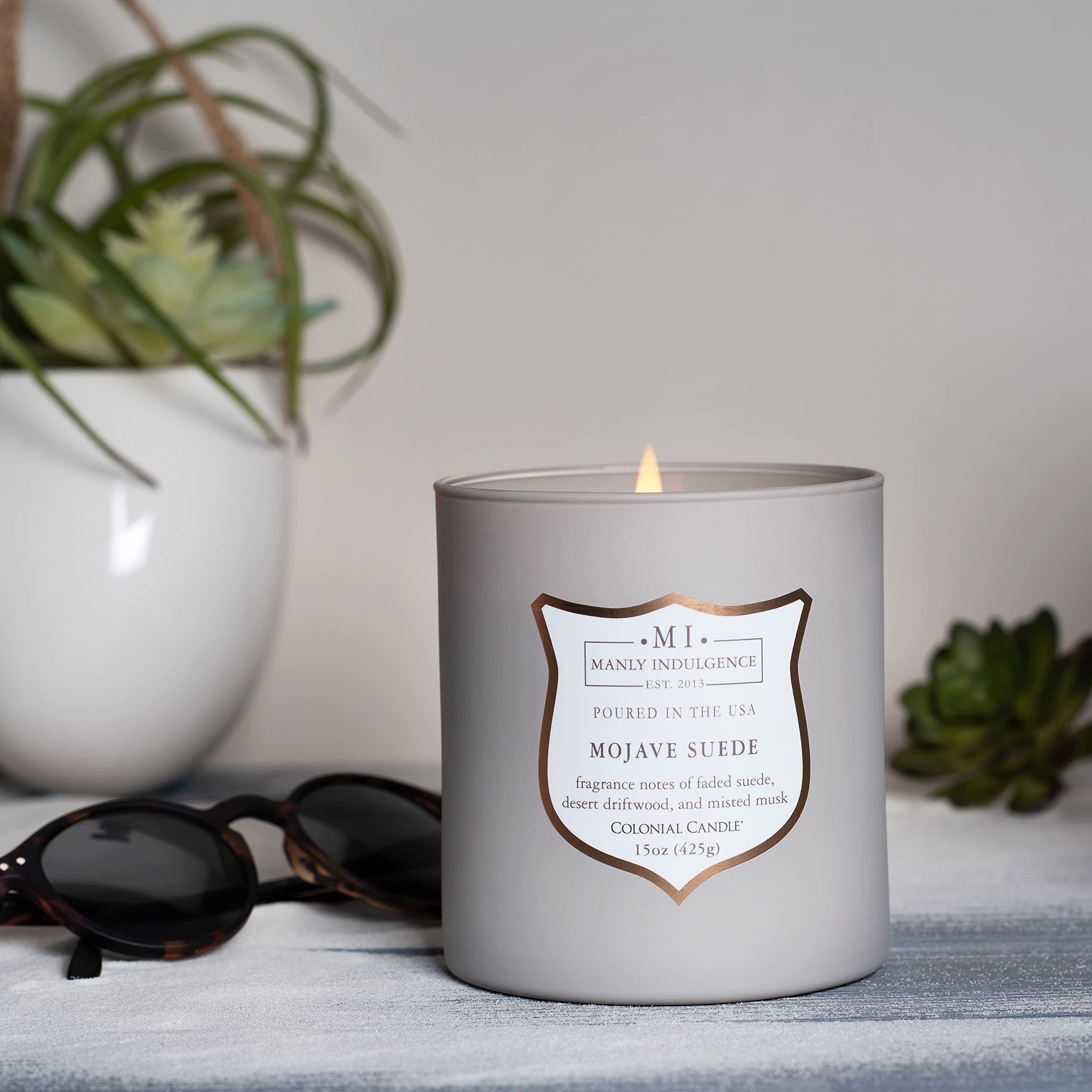 Manly Indulgence Mojave Suede Scented Jar Candle - Signature Collection with Wood Wick, 15oz (60 Hours Burn Time) - Grey Aromatherapy Candle for Home, Office & Relaxation