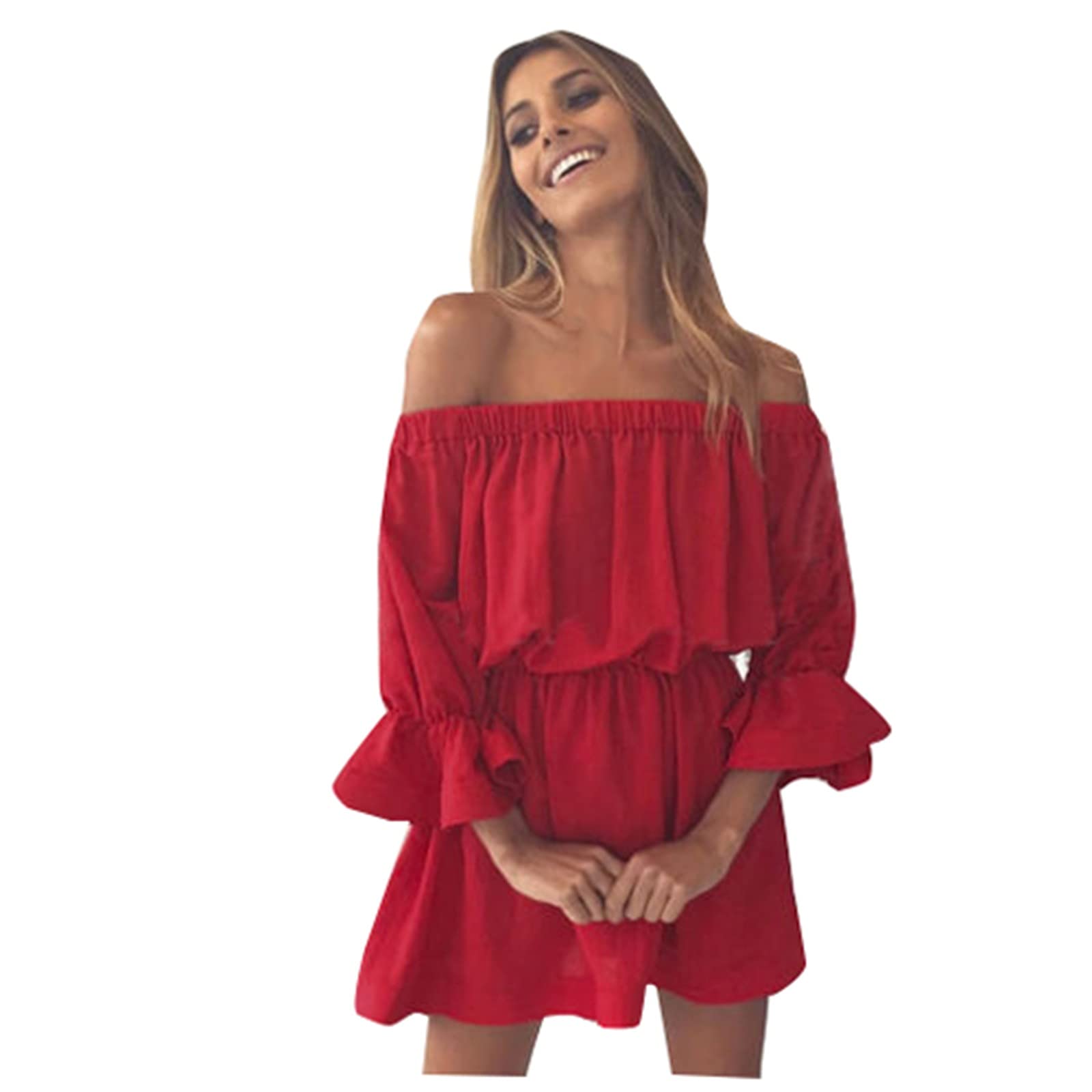Women's Summer Sundress - Off Shoulder Mini Beach Dress with Frill Ruffle for Wedding Guest, Vacation & Holiday | Casual Outfit for Beach Party, Date Night & Tropical Getaway