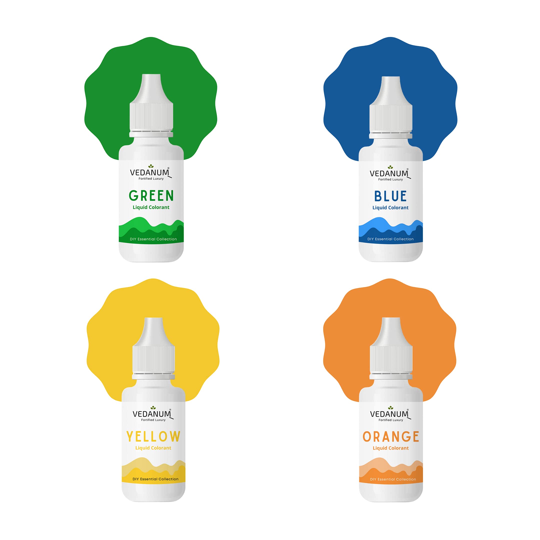 VEDANUM DIY Premium Liquid Colors for Soap Making, Bath Bombs, Bath Salts - Skin Safe Cosmetic Pigments (4 Pack - 15ml Each: Green, Blue, Yellow, Orange) - Perfect for Handmade Soaps, Candle Making & DIY Beauty Products