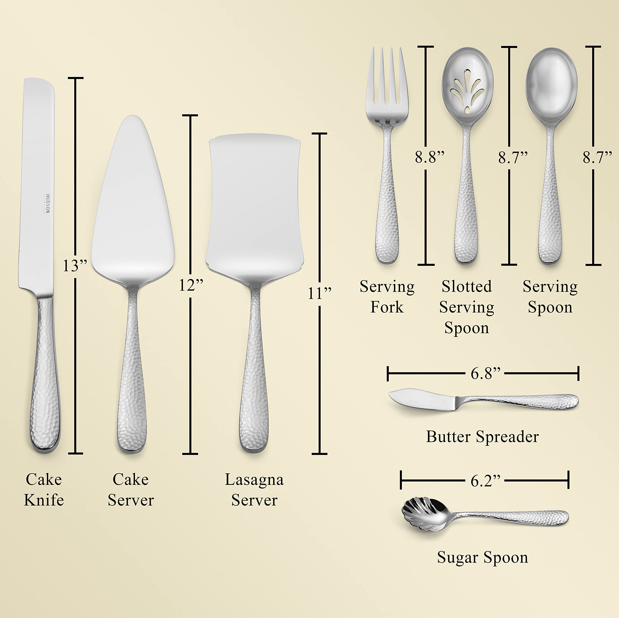 Hudson Essentials 9-Piece Bergamo Hammered 18/10 Stainless Steel Serving Set with Cake Knife & Server - Elegant Flatware for Weddings, Parties & Entertaining - Perfect for Cake Cutting, Buffet Serving & Hostess Gifts