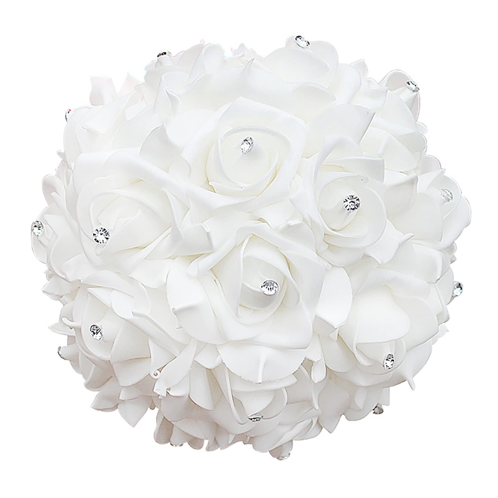 Artificial White Foam Rose Bridal Bouquet with Diamond Satin Ribbon Handle - Elegant Wedding, Engagement & Party Flowers for Brides, Bridesmaids & Decor