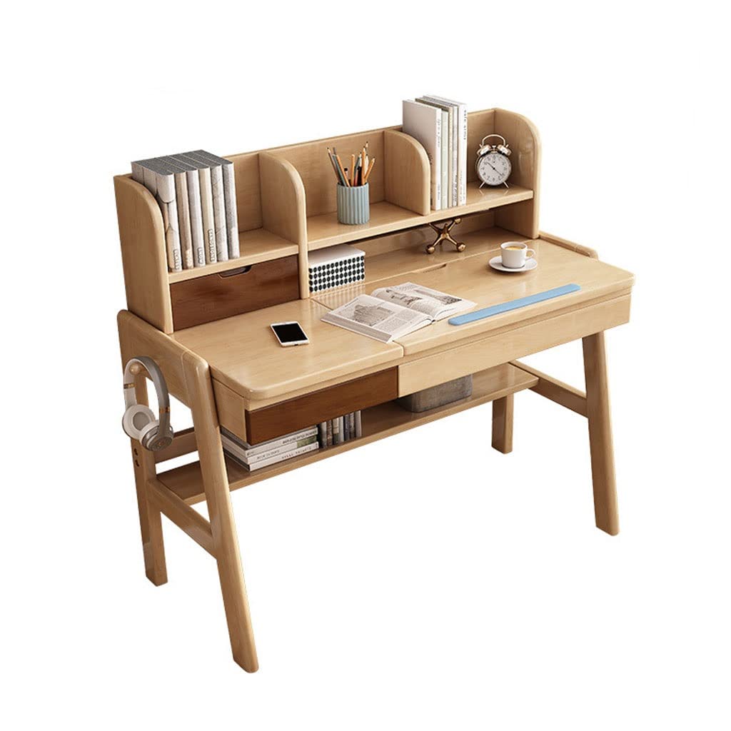 Adjustable Height Study Desk for Kids - Primary School Student Desk with 2-Tier Bookshelf, Drawer & Ear Hook - Home Office Desk for Reading, Writing & Online Learning - Perfect for Small Spaces & Homeschooling