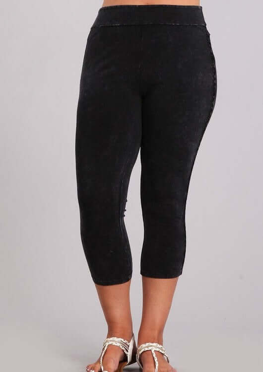 USA-Made Crochet Striped Mineral Washed Capri Leggings for Women - Plus Size Comfort Stretch Pants for Yoga, Lounge & Casual Wear