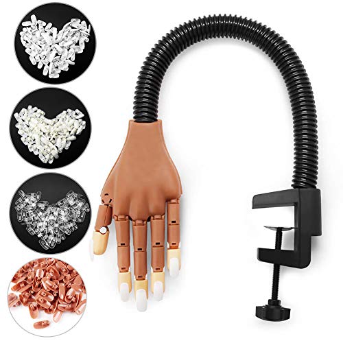 Professional Acrylic Nail Practice Hand with 400pcs Nail Tips - Non-Slip Flexible Fake Hand for Nail Art Training & Practice - Perfect for Beginners & Nail Technicians (Brown) - Salon & Home Use