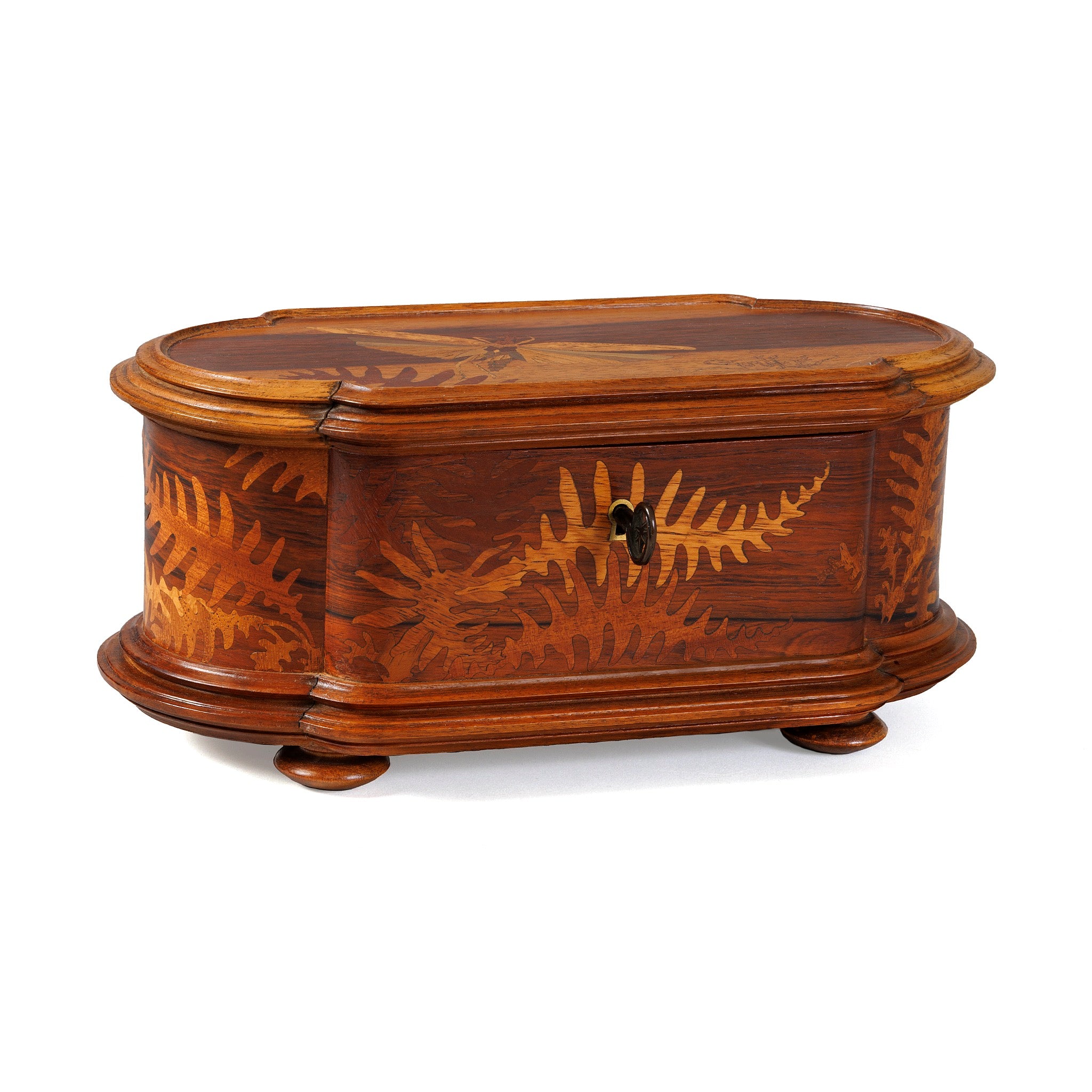 Émile Gallé Marquetry Mayfly and Ferns Coffret - Vintage Art Nouveau Jewelry Box with Floral Inlay - Perfect for Collectors & Home Décor