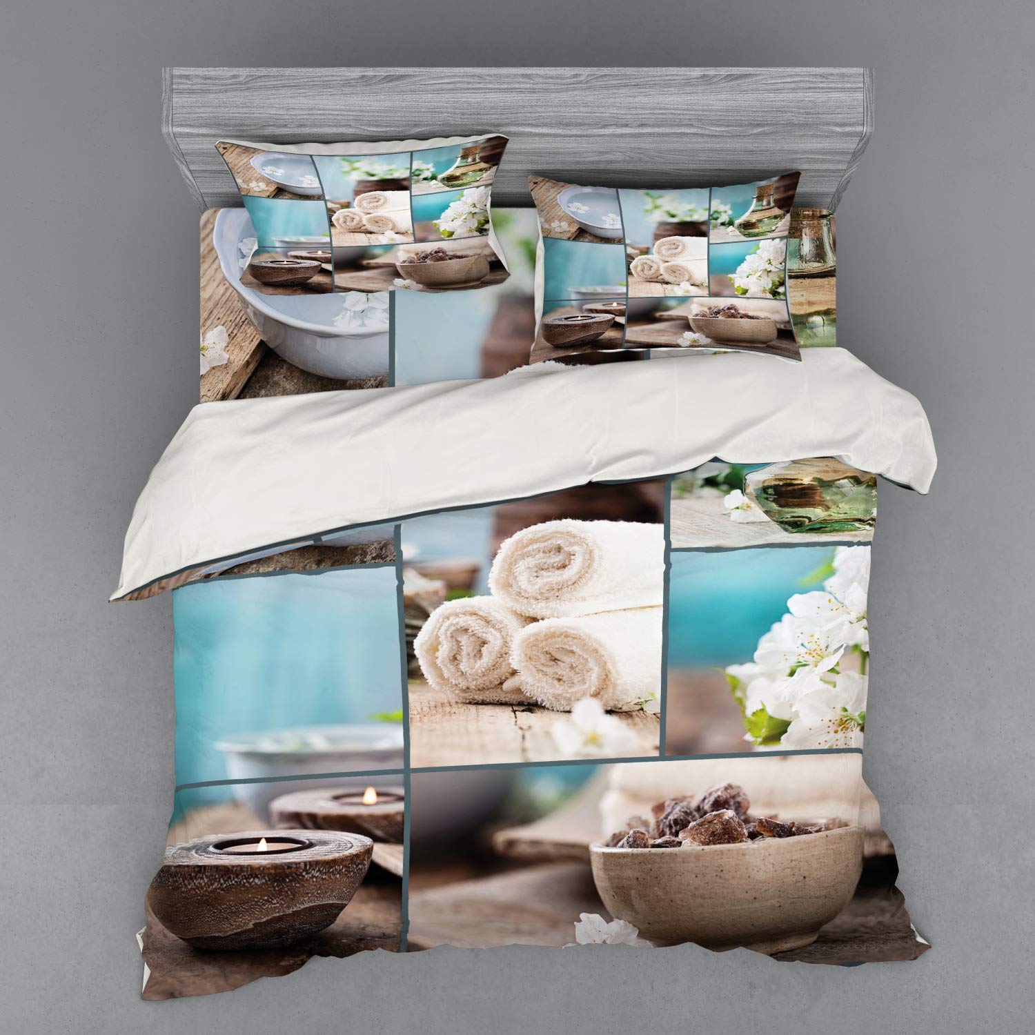 Ambesonne 4-Piece King Size Spa Duvet Cover Set - Far East Massage Theme with Oil Candles & Flowers Print, Blue & White Bedding Set with Shams & Fitted Sheet | Perfect for Relaxing Spa Nights & Asian-Inspired Home Decor