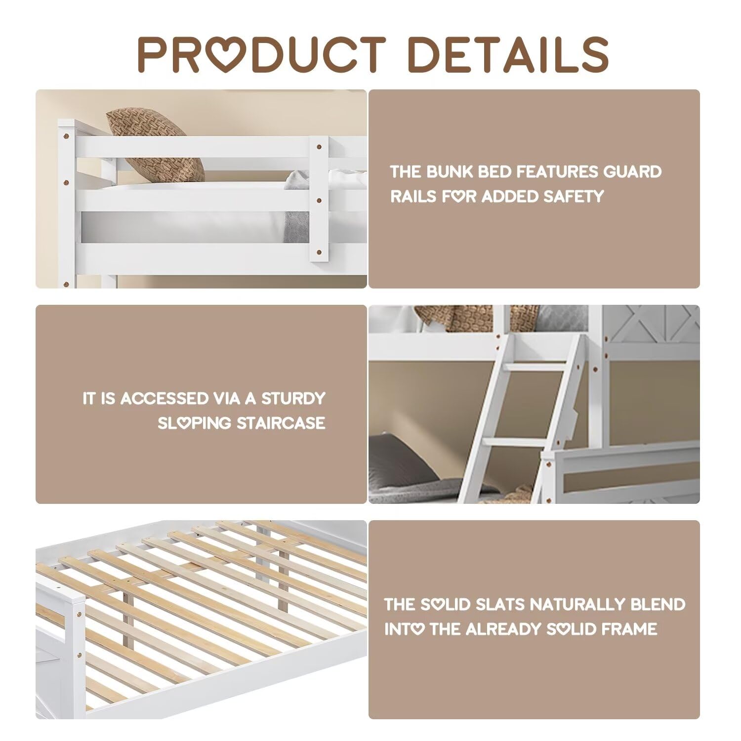 Solid Wood Twin Over Full Bunk Bed Frame with Ladder & Guardrail - Convertible to Separate Twin/Full Size Beds - No Box Spring Needed - Perfect for Kids Rooms, Guest Rooms & Space-Saving Bedroom Solutions (White)