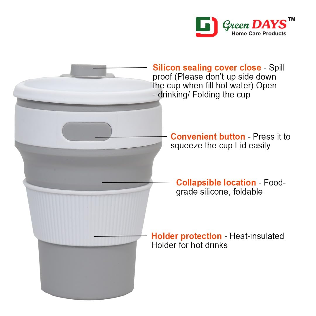 Eco-Friendly Collapsible Travel Mug - BPA Free Food Grade Silicone Thermos for Hot & Cold Drinks (350ml, Grey) - Perfect for Camping, Hiking, Office & Commuting - Foldable Cup with Leak-Proof Lid