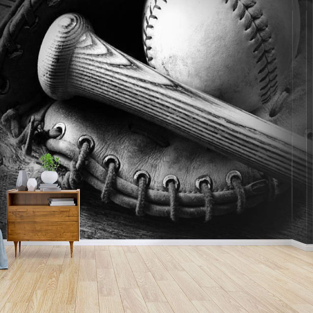 Vintage Baseball & Bat Wall Mural - Black & White Peel and Stick Wallpaper - Self-Adhesive Removable Vinyl Film for Home Decor | Perfect for Man Cave, Sports Room, Game Room & Nursery Wall Art