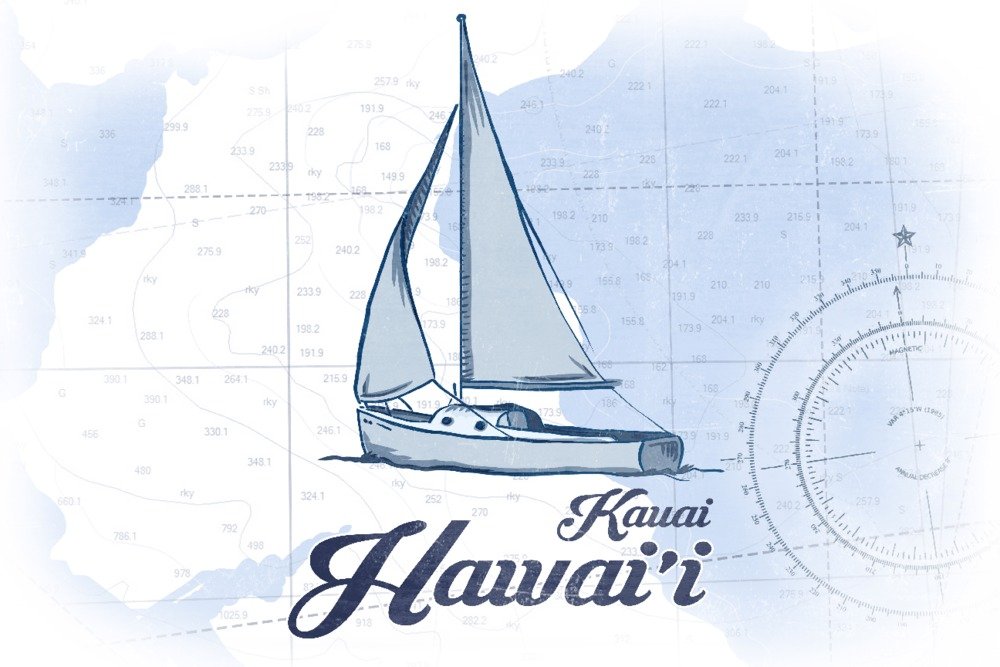 Kauai Hawaii Sailboat Blue Coastal Icon 71702 - 24x36 Signed Print Master Art Print, Wall Decor Poster for Living Room, Bedroom & Office