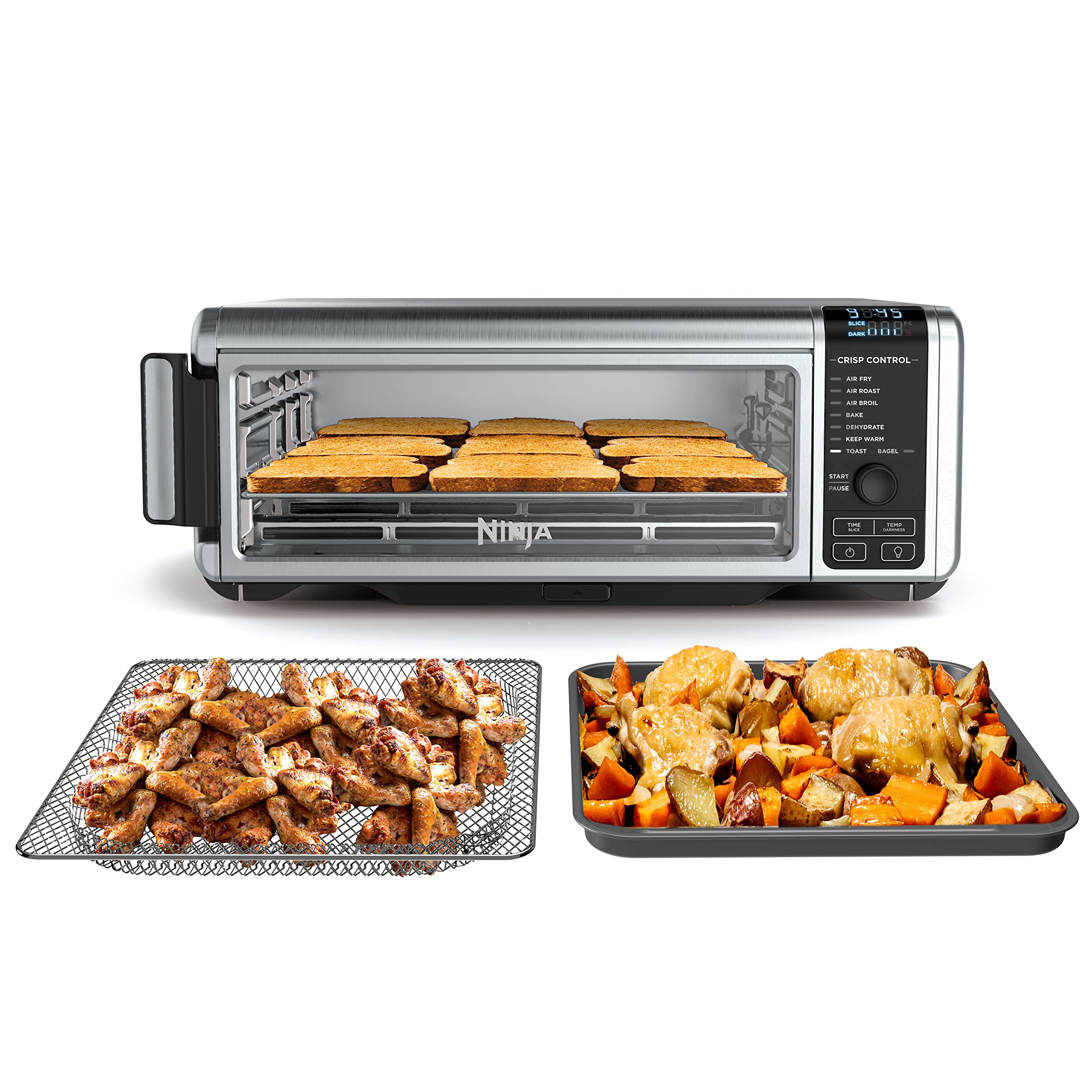 Ninja SP101 Digital Air Fryer Toaster Oven - 8-in-1 Countertop Convection Oven with Flip-Up Design for Space Saving, Includes Air Fry Basket, Wire Rack & Crumb Tray - Perfect for Baking, Roasting & Air Frying (Silver)