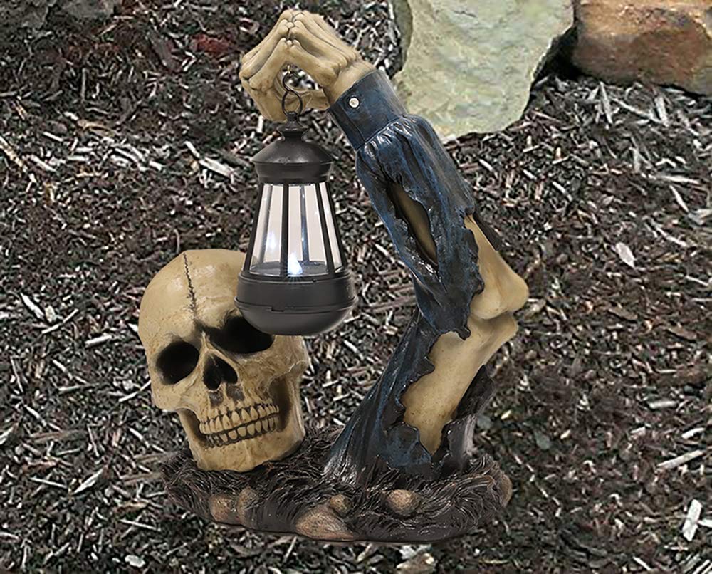 Ebros Solar Powered LED Skeleton Rising from Grave Statue - Deathly Hallows Inspired Halloween Patio Decor with Lantern Light - Perfect for Garden Path, Graveyard Displays & Spooky Outdoor Decorations