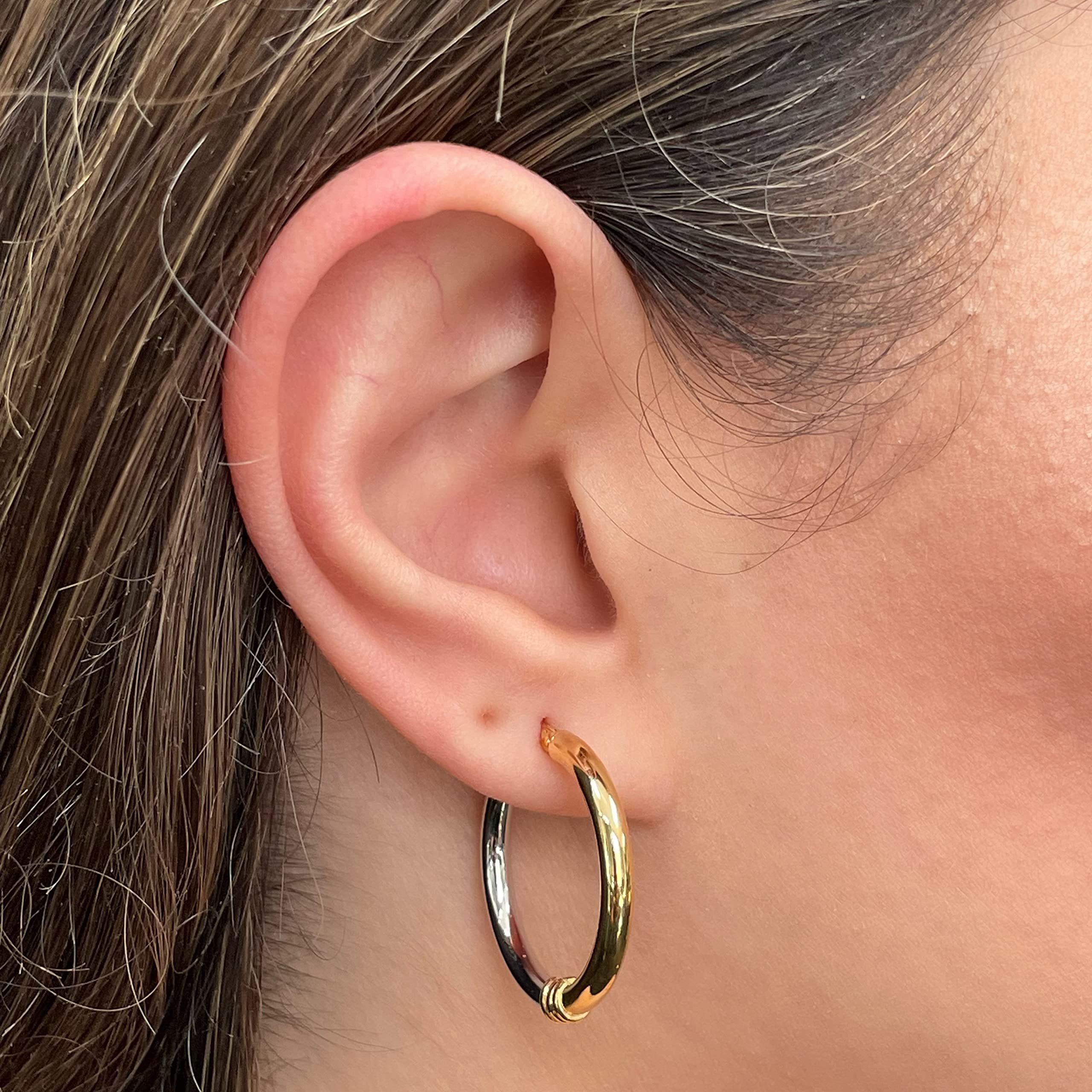 14K Italian Yellow & White Gold Hollow Hoop Earrings - 1.1